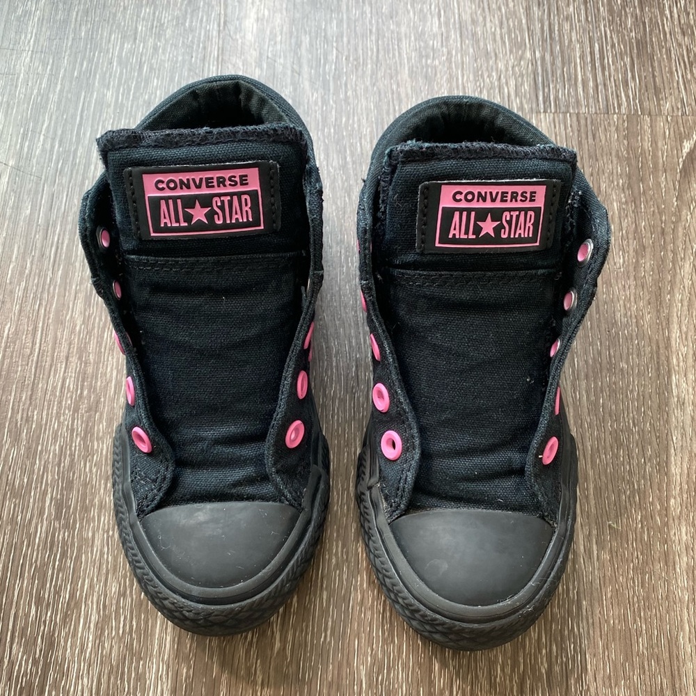 Converse High tops. All black w/pink details. 11 - Picture 8 of 13